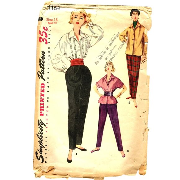 Vintage 1950s Simplicity Pattern 4464 For Junior Misses Blouse & Tapered Slacks - Picture 1 of 4